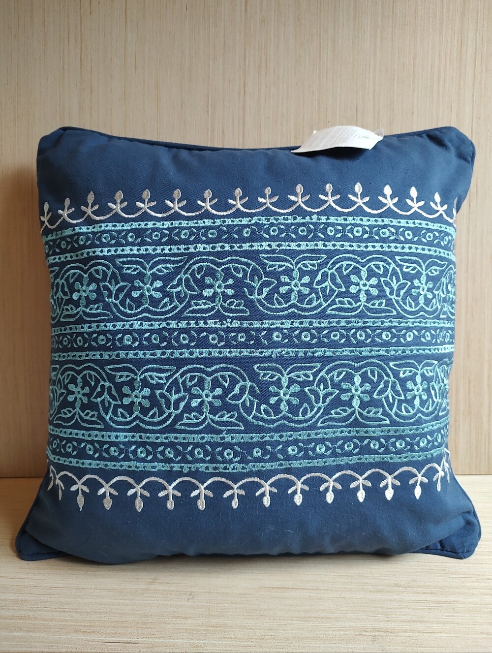 Levtex Home Feather Filled Decorative Pillow Navy Blue Embroidered White 17 x 17